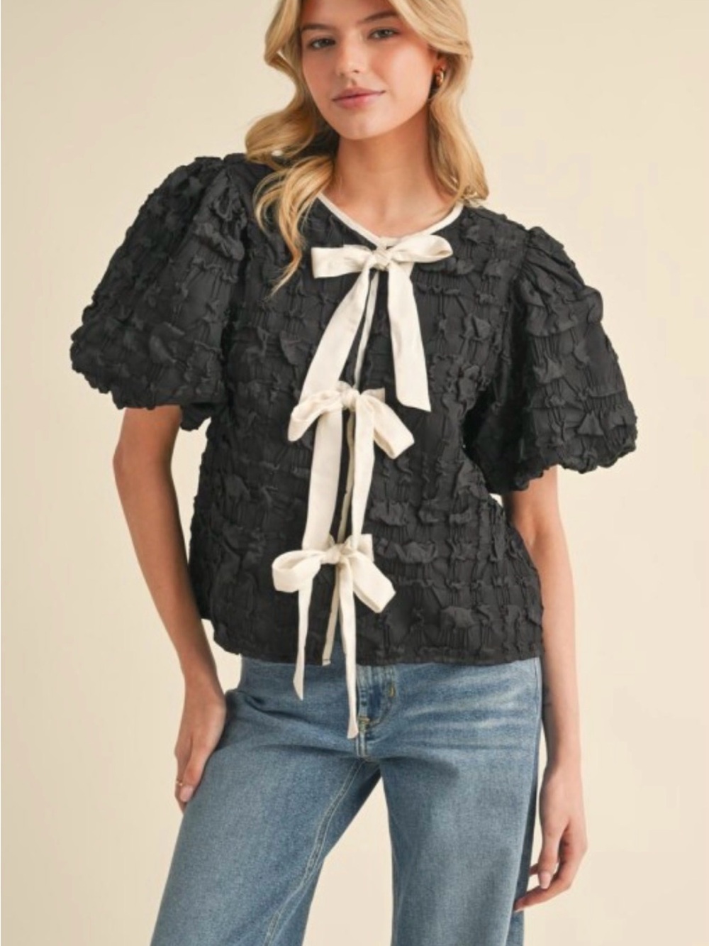JODIFL Black Textured Puff-Sleeve Top with Cream Bow Ties